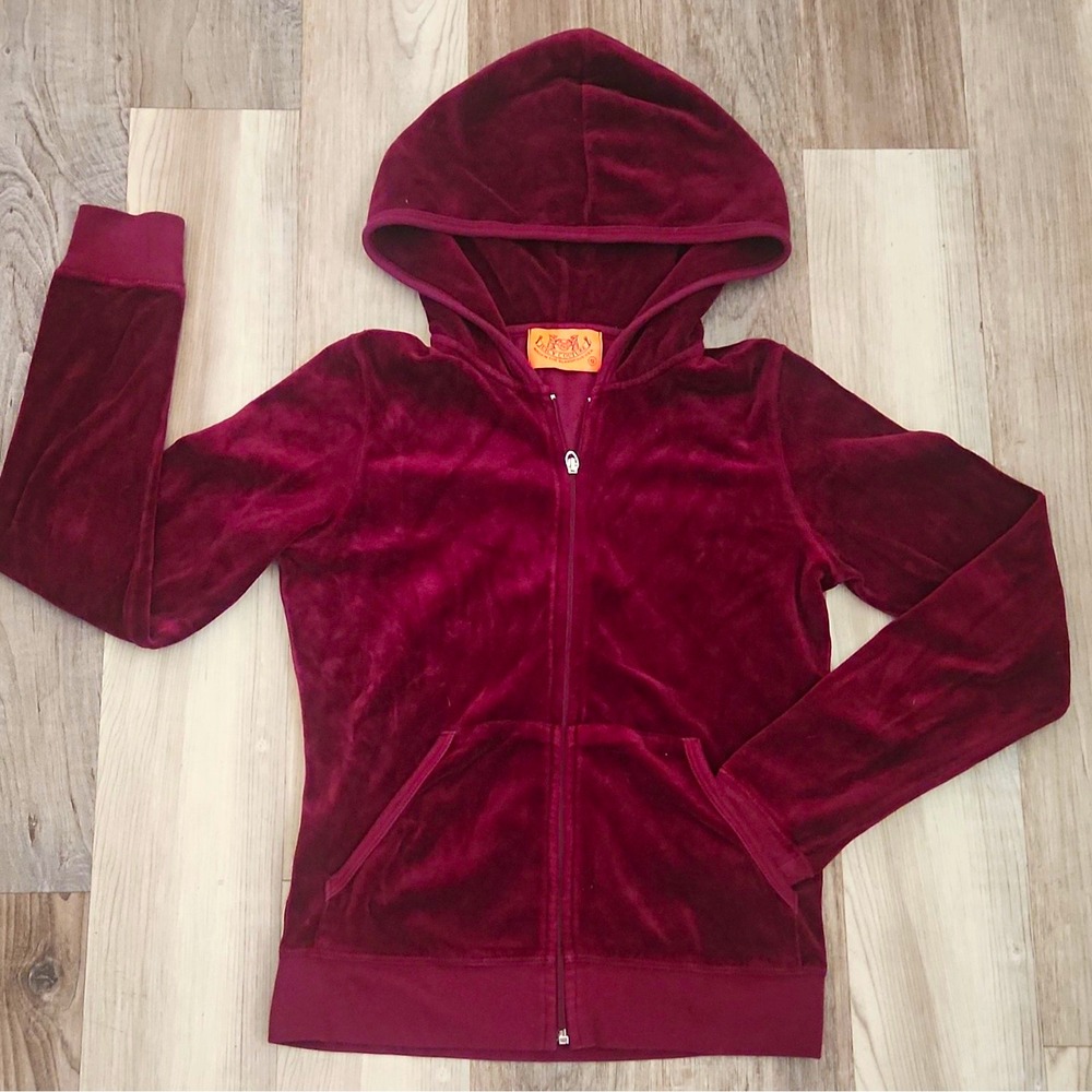 Juicy Couture Y2K Women's Velour Full Zip Hoodie With Pockets Burgundy S